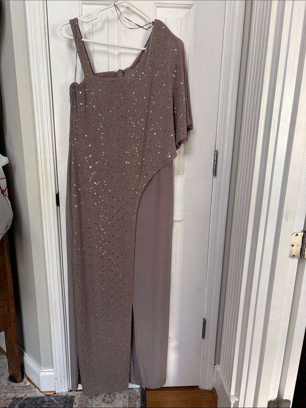Embellished One-Shoulder Taupe Evening Jumpsuit Gown